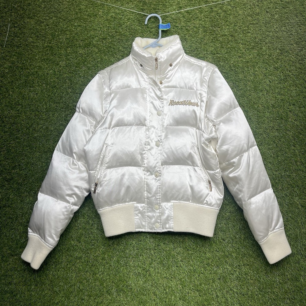 ROCAWEAR Puffer Jacket Womens Medium Duck Down Beige Snap Close y2k Cropped